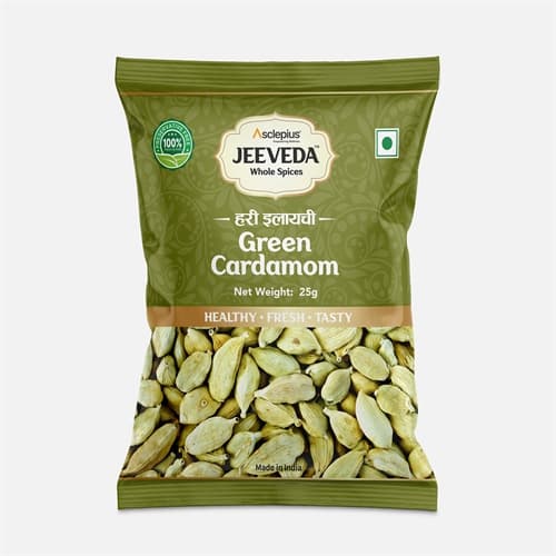 Jeeveda Green Cardamom Choti Elai, 25 g product packaging