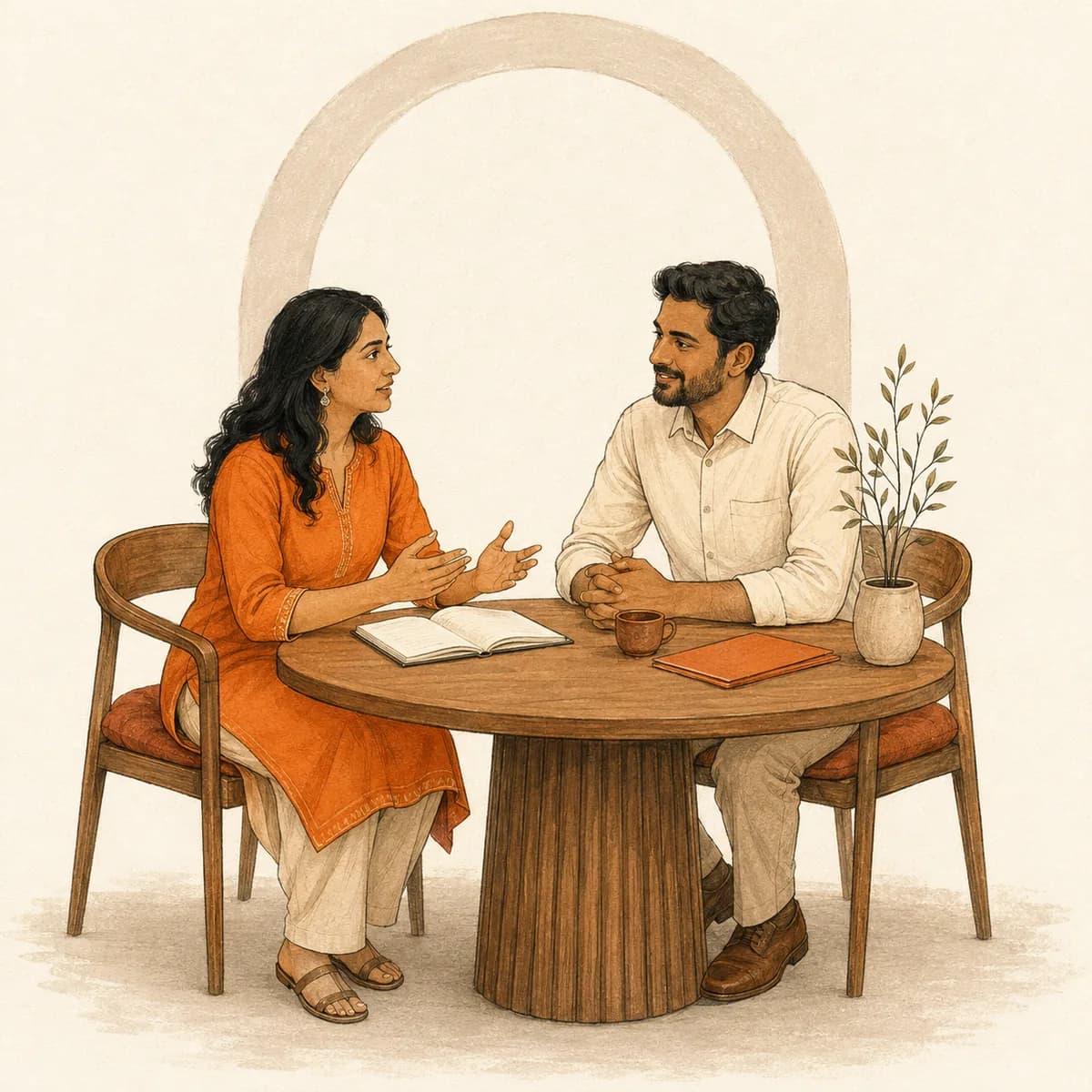 Illustration of a client and consultant discussing a notebook together at a table.